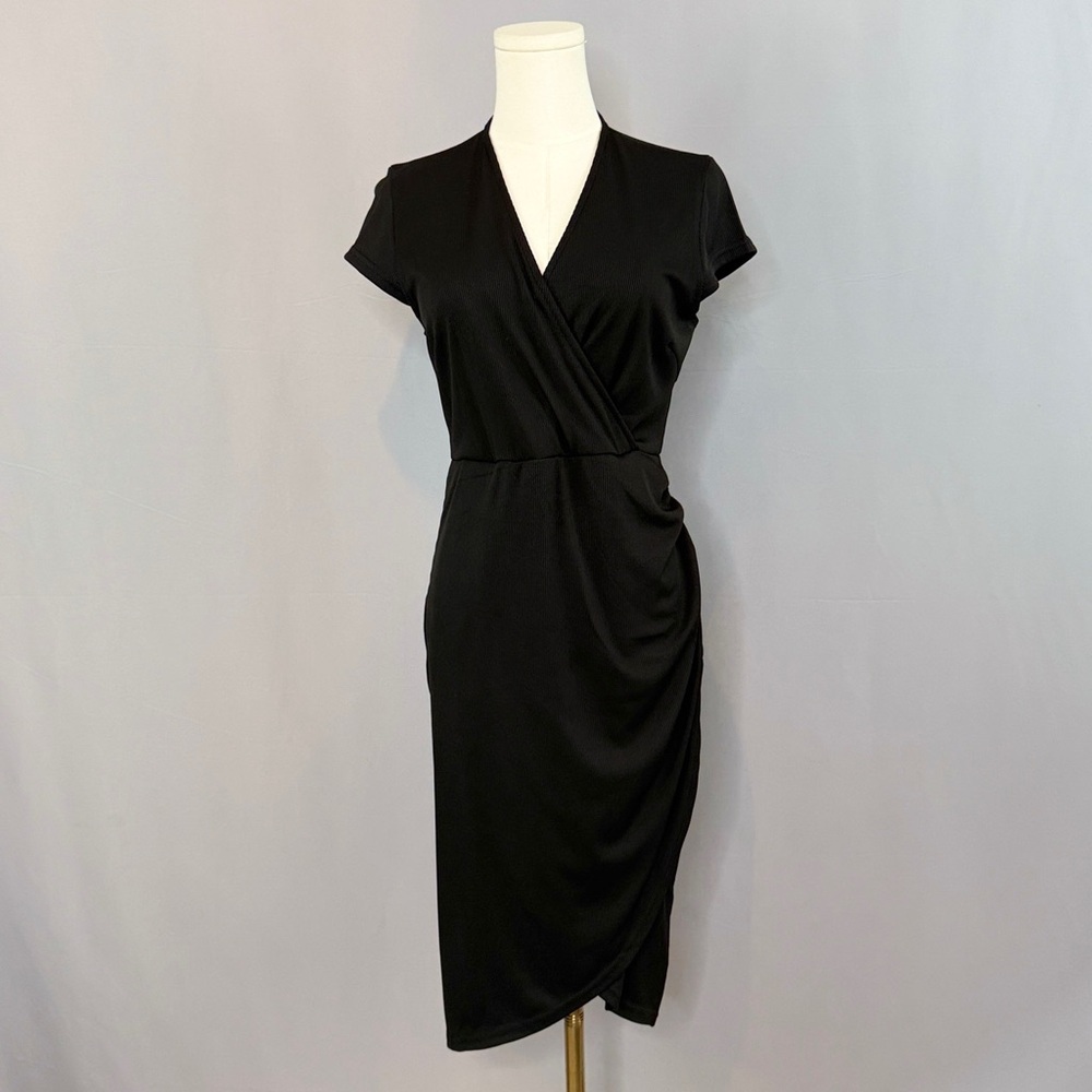 Sophisticated & Flattering Black Ribbed Wrap Dress Perfect For The Holidays